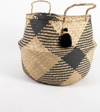 Wisha Natural Siyah Püsküllü Medium Boy Katlanabilir Hasır Sepet / Saksılık 30X28Cm
