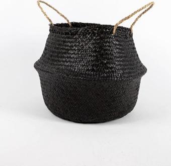 Wisha Natural Siyah Small Boy Katlanabilir Doğal Hasır Sepet Saksılık, El Yapımı, Dekoratif Ve Şık 25X25Cm