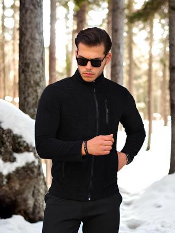 Kozik Siyah Softshell Polar Standart Tam Fermuarlı 3 Cepli Erkek Polar Hırka PLR2000 Siyah L