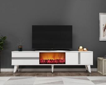 DemonteHome Vani̇adh Tv Sehpasi Şömi̇neli̇ (Alt Modül) Beyaz-Gümüş