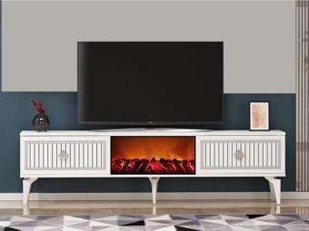 DemonteHome Nildh Şömineli Tv Sehpası Beyaz Gümüş