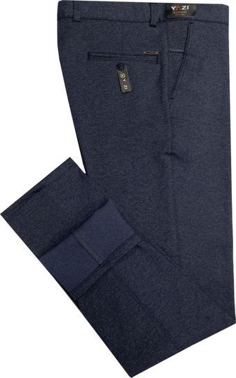 Yazı Klasik Fit Likralı Erkek Mavi Kanvas Pantolon-6930