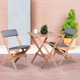 Bysay Ahşap Katlanır Döşeme Minderli 3 Lü Bistro Set Bahçe Takımı (Naturel-Gri)