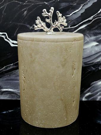 Urestone Mermer Çöp Kovası-Mermer Kapaklı Kutu-Traverten Çöp Kovası-Gümüş Aksesuarlı 15x20 cm