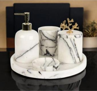 Urestone Leylak Mermer 5 Parça Banyo Seti-Tepsi-Katı Sabunluk-Sıvı Sabunluk-Diş Fırçalık-Pamukluk