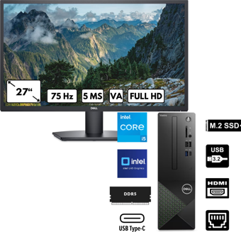 Dell Vostro 3030 i5-12400 16 GB 1 TBSSD UHD Graphics FreeDos + 27" FHD 5MS Monitör N6004VDT3030MTU_SE2725HBT1