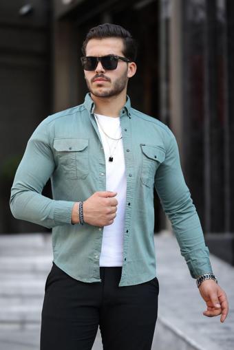 Mero Life Erkek Yeşil Slim Fit Dar Kesim  Kot Gömlek