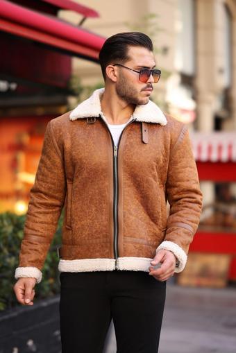 Mero Life Erkek Napa Deri Içi Full Kürklü Yüksek Kalite Slim Fit Taba Mont & Ceket