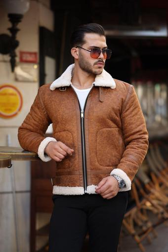 Mero Life Erkek Napa Deri Içi Full Kürklü Yüksek Kalite Slim Fit Taba Mont & Ceket