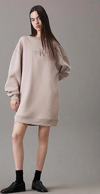 Calvin Klein Kadın Krem Monogram Sweatshirt Elbise