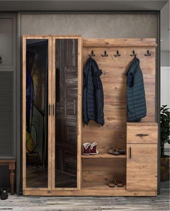 Moderniya Mobilya Flora 2 (İki) Kapılı Ceviz Aynalı Elbise Askılığı Kapaklı Vestiyer - Portmanto - Ayakkabılık
