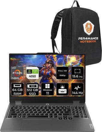 Lenovo Loq R7 7435Hs 64Gb 512Gb Ssd Rtx4050/6Gb 105W 144Hz Fhd 15.6" W11P Gaming Laptop & Per4 Çanta