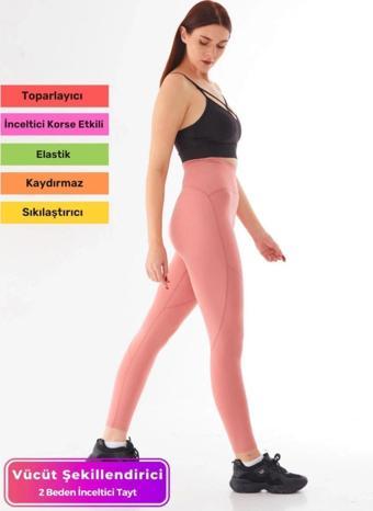Premium Yüksek Bel Sıkılaştırıcı Toparlayıcı Vücut Şekillendirici Toz Pembe Günlük Şık Spor Tayt