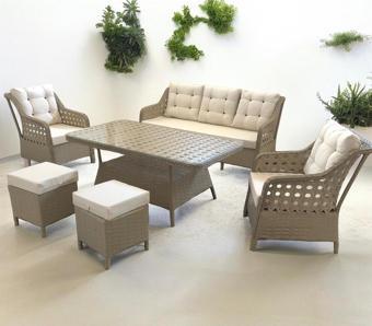 Garden House Alüminyum Kapuçino Rattan Krem Kumaşlı Bahçe Koltuk Takımı 3 1 1 2 Puf Masa Bahçe Mobilyası