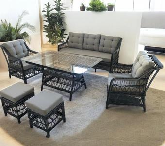 Garden House Antrasit Gri Rattan Gri Kumaşlı Alüminyum Bahçe Koltuk Takımı 3 1 1 2 Puf Masa Bahçe Mobilyası