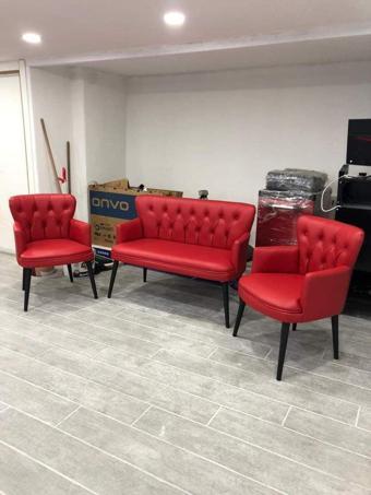 Garden House Pera Ofis Büro Bekleme Koltuk Takımı Kırmızı Renk Ahşap Ayak Kapitoneli