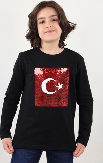 Toontoy Unisex Çocuk Atatürk Bayraklı Çift Taraflı Pullu Tişört