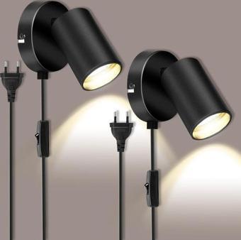 Rsylight Metal Mafsallı Siyah Spot Armatür Aplik Kablolu Fişli Beyaz Led Ampullü