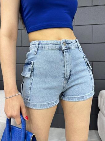 Bikelife Kadın Yüksek Bel Mini Kargo Cep Detaylı Denim Şort Açık Mavi 42