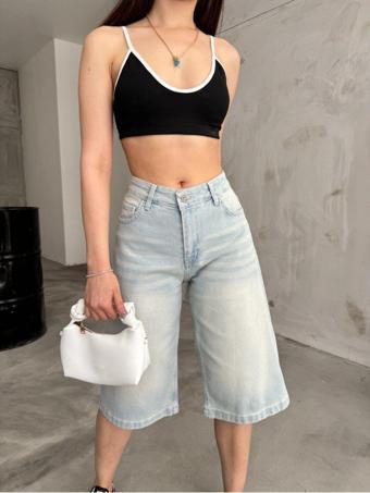 Bikelife Kadın Yüksek Bel Diz Altı Baggy Bermuda Şort Denim Açık Mavi 34