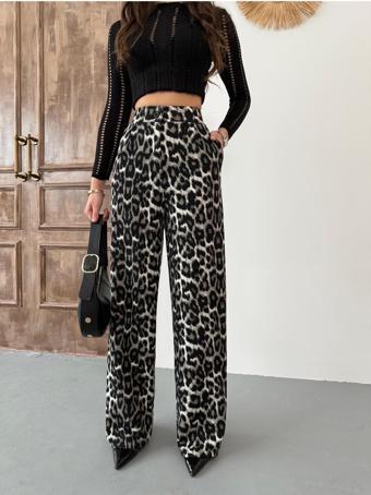 Bikelife Kadın Leopar Kumaş  Likralı Palazzo Salaş Geniş Paça Pantolon Siyah Leopar 3XL