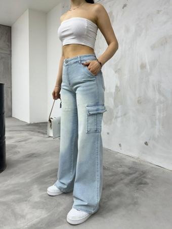 Bikelife Kadın Soluk Efekt Vintage Yüksek Bel Wide Leg Kargo Pantolon Buz Mavi 36