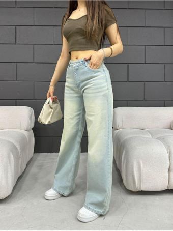Bikelife Kadın Soluk Efekt Vintage Yüksek Bel Wide Leg Jeans Soluk Mavi XL
