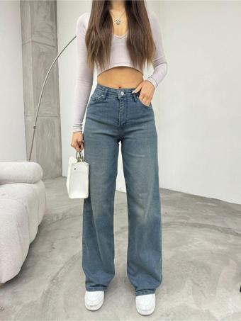 Bikelife Kadın Soluk Efekt Vintage Yüksek Bel Wide Leg Jeans Efektli Mavi 40