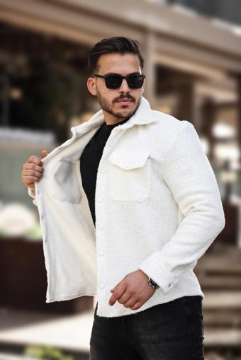 Miron Beyaz Kıvırcık Dokulu Kumaş Gömlek Yaka Cepli Regular Fit Ceket- 2309