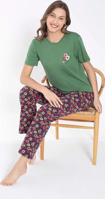 SENFONİ Kadın Bisiklet Yaka Çiçek Desenli Pijama Takımı 6032 -1 Adet Yeşil-2XL