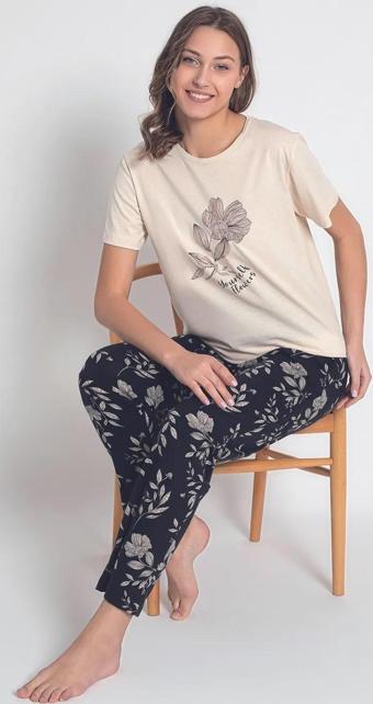 Senfoni Kadın Bisiklet Yaka Kısa Kol Pamuklu Pijama Takımı 6043 -1 Adet Ekru-2XL
