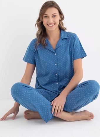 Senfoni Kadın Gömlek Yaka Kısa Kol Pamuklu Pijama Takımı 6011 -1 Adet Mavi-L