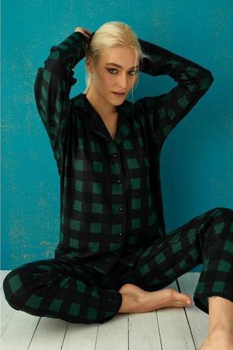 Pijamoni Kadın Süet Önden Düğmeli Pijama Takımı 56602 - 1 Adet Yeşil-L