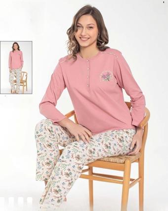 Senfoni Kadın Düğmeli Yaka Uzun Kol Pamuk Pijama Takımı 6034 -1 Adet Pembe-S - M