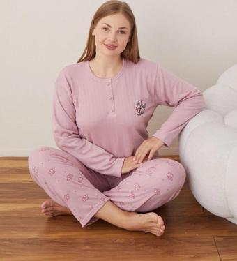 Lindros Kadın Pamuklu Düğme Yaka Raporlu İnterlok Battal Pijama Takımı 05111 - 1 Adet Gül Kurusu-3XL