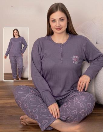 Lindros Kadın Pamuklu Düğme Yaka Raporlu İnterlok Battal Pijama Takımı 05140 - 1 Adet Mor-3XL