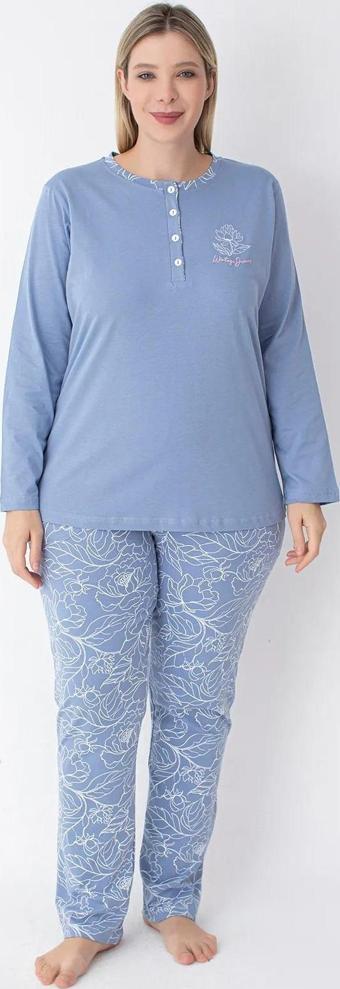 Senfoni Kadın Büyük Beden Düğmeli Yaka Uzun Kol %100 Pamuk Pijama Takımı 6068 -1 Adet Mavi-3XL