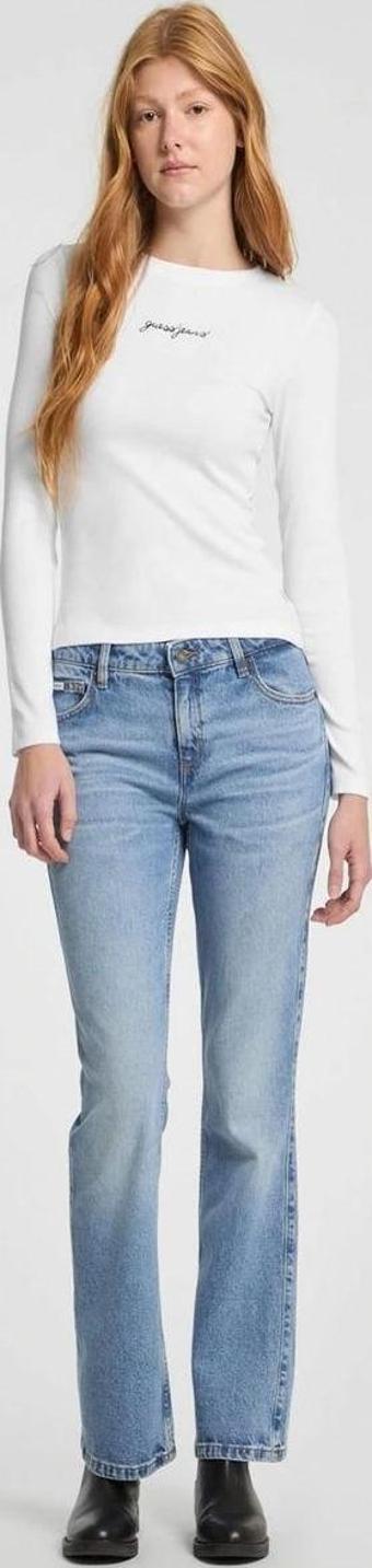 GUESS Kadın Slim Fit Ribbed T-shirt Uzun Kol Beyaz
