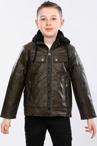 Veform Erkek Çocuk İçi Kürklü Kapişonlu Su Geçirmez Suni Deri Mont AVM032VF Haki