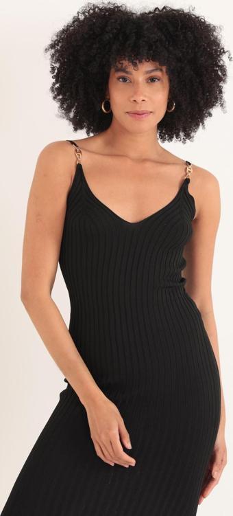 Broşlu Triko Kumaş Midi Boy Askılı V Yaka Elbise KKTS3008