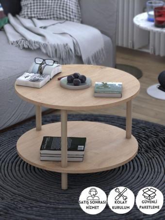 Peka Yuvarlak Orta Sehpa Ahşap Ayaklı Sehpa Iki Raflı Sehpa Dekoratif Sehpa Gazetelikli-Safir Meşe-60Cm