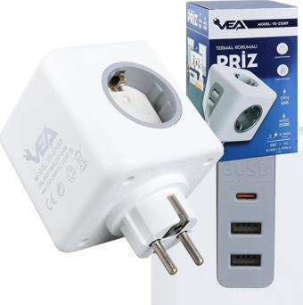 VEA VE-23089 2x USB 1x Type-C 3'lü Çocuk Ve Termal Korumalı Grup Priz