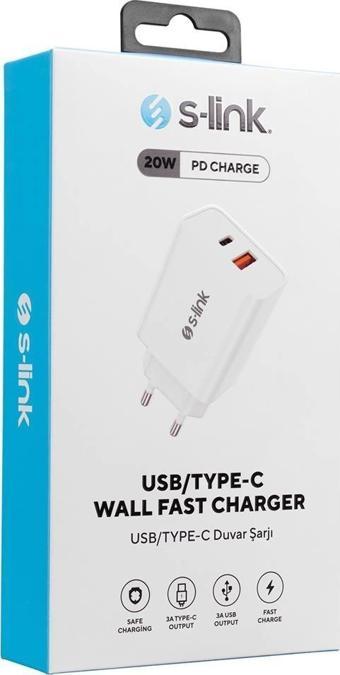 S-link SL-EC60 20W PD3.0-Quick Charge QC3.0 Type USB-C +USB A Hızlı Beyaz Ev Şarj Adaptör