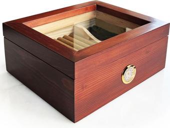 Mezmob Masif Yerli Sedir Ağacı Humidor Puro Kutusu Camlı 2 Bölmeli Analog