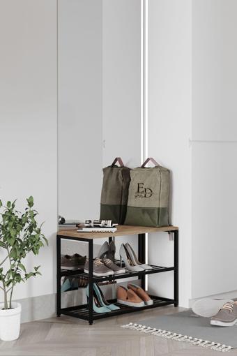 ED Efelez Design Ruby 3 Raflı Ayakkabılık - Siyah Metal - Atlantik Çam Tabla