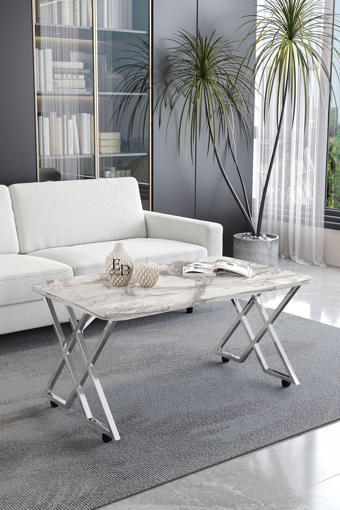 ED Efelez Design Milano Tekerlekli Orta Sehpa Gümüş Metal - Beyaz Mermer Tabla