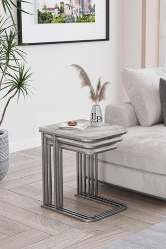 ED Efelez Design Lyon 3'lü C Zigon Sehpa Gümüş Metal - Beyaz Mermer Tabla