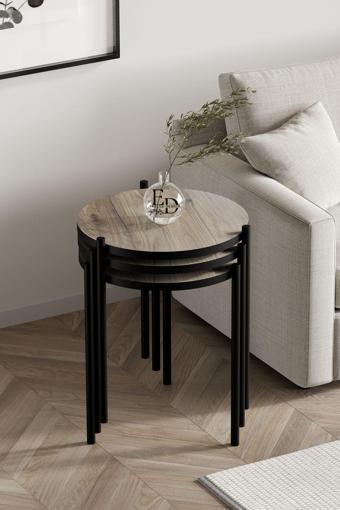 ED Efelez Design Nice 3'lü Zigon Sehpa Takımı Siyah Metal - Rustik Meşe Tabla