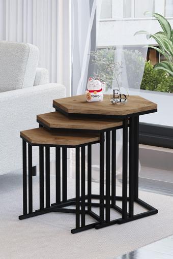 ED Efelez Design Tokyo 3'lü Zigon Sehpa Takımı Siyah Metal - Atlantik Çam Tabla