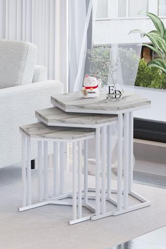 ED Efelez Design Tokyo 3'lü Zigon Sehpa Takımı Beyaz Metal - Beyaz Mermer Tabla